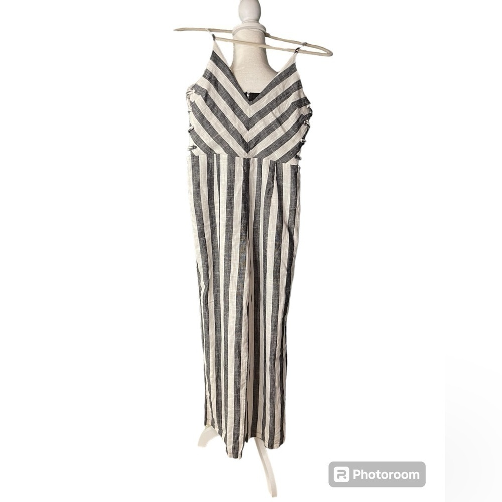 Callie Mac S Striped Linen Blend Spaghetti Strap Summer Jumpsuit Gray White